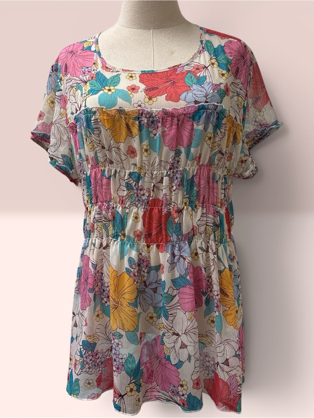 *NWOT* Grace & Lace Floral Smocked Waist Short Sleeve Tunic - Pink Multi
